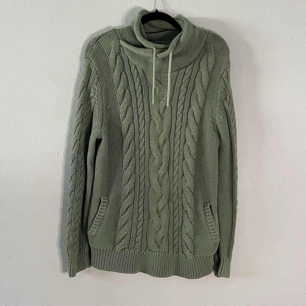 L.L.Bean Cotton Cable Knit Cowl Neck Sweater Sage Green XL Regular Pockets